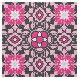 Tela Azulejos marroquíes florales, fucsia rosa y gris /