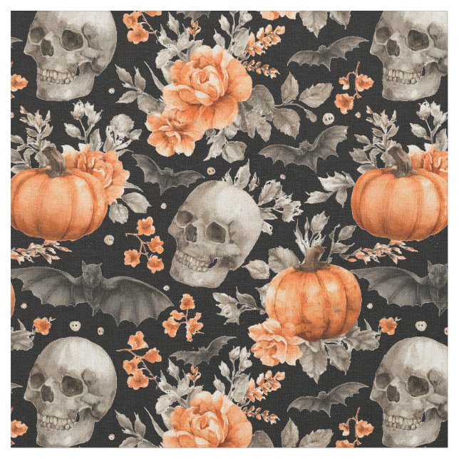 Tela Balas De Calavera De Halloween Y Flores Negra (De cerca)
