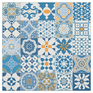 Tela Baldosa marroquí - azul y naranja