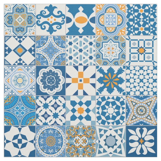 Tela Baldosa marroquí - azul y naranja (Retal)