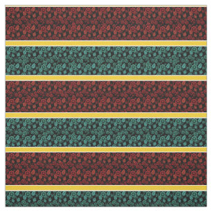 Tela Banda roja/aqua floral-dorada/blanca - negro