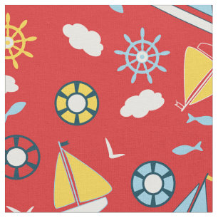 Tela Barcos azules amarillos Pescados Aves Rojas Náutic