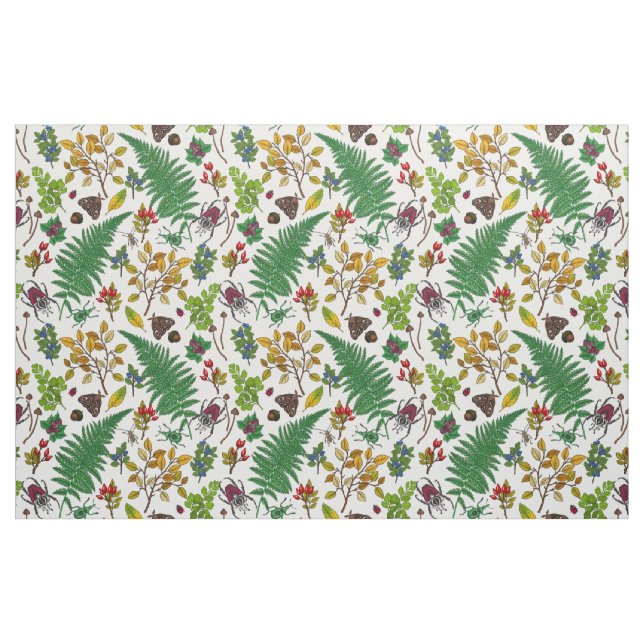 Tela Bayas forestales, hojas e insectos en blanco ("Cuarto gordo" (fat quarter))