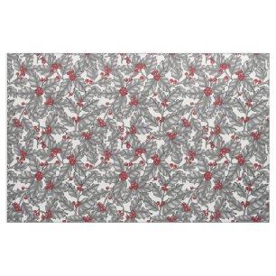 Tela Berry holly, hojas grises en blanco