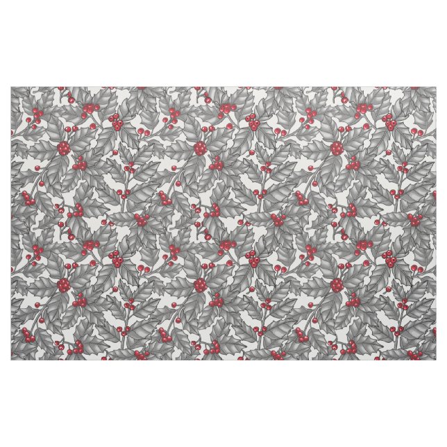 Tela Berry holly, hojas grises en blanco ("Cuarto gordo" (fat quarter))