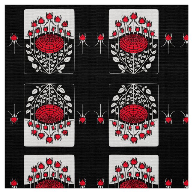 Tela BLACK WHITE RED ROSES ,ROSEBUDS Art Nouveau Floral (Retal)