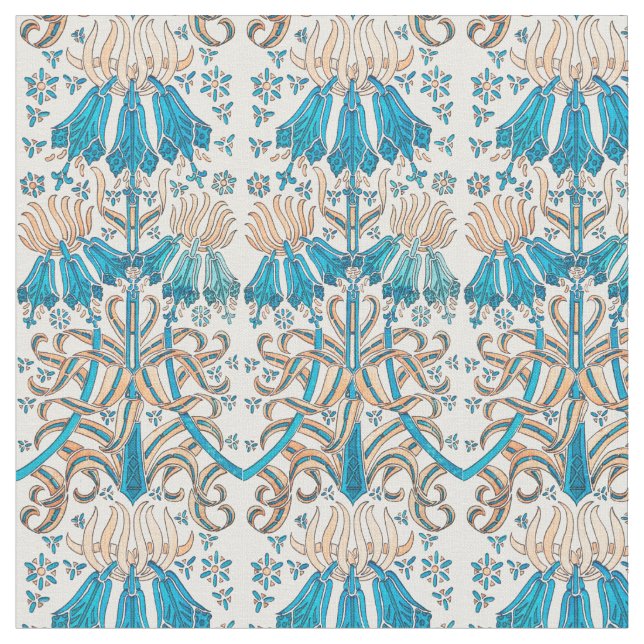 Tela Blanco azul botánico floral de estilo Art Nouveau  (De cerca)