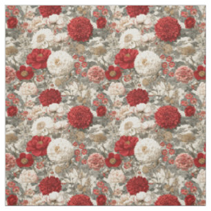 Tela Blanco Rústico Rojo Botánico Floral Vintage Pastel