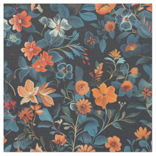 Tela Bloom nocturno: Naranja y sinfonía floral azul