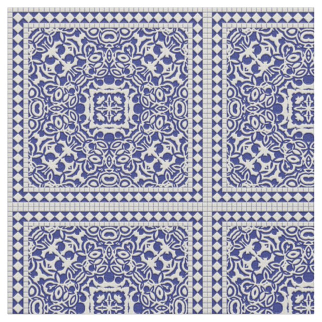 Tela Blue and White Classic Tile Pattern Fabric (De cerca)