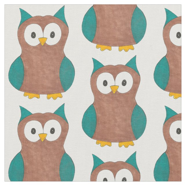 Tela Blue Brown Wise Old Owl Bird Print (De cerca)