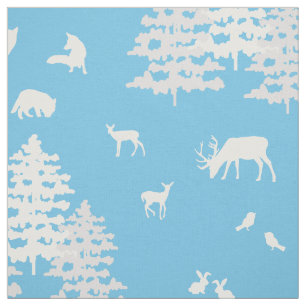 Tela Blue Gray Winter Woodland Animals Deer Fox Bear