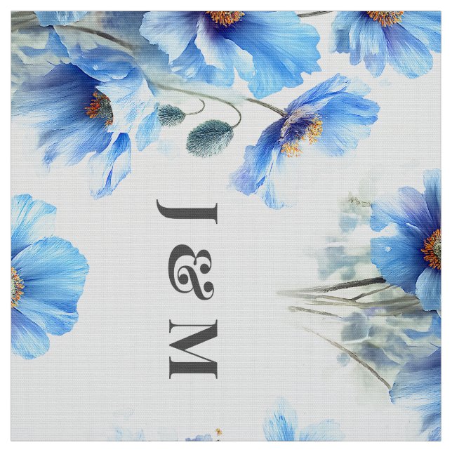 Tela Blue Poppies Floral Wedding Fabric with Monogram (Retal)