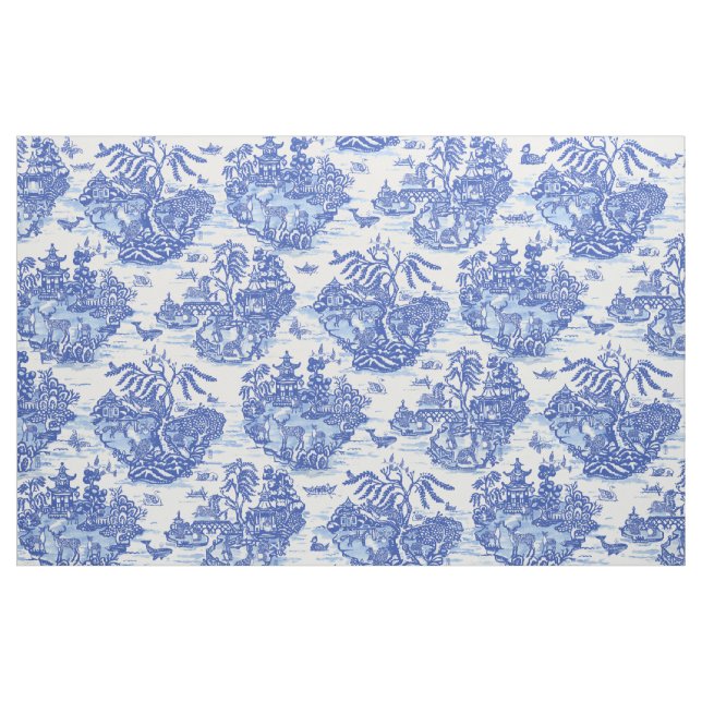 Tela Blue Willow Animal Rabbit White Whimsical Toile  (Yarda)