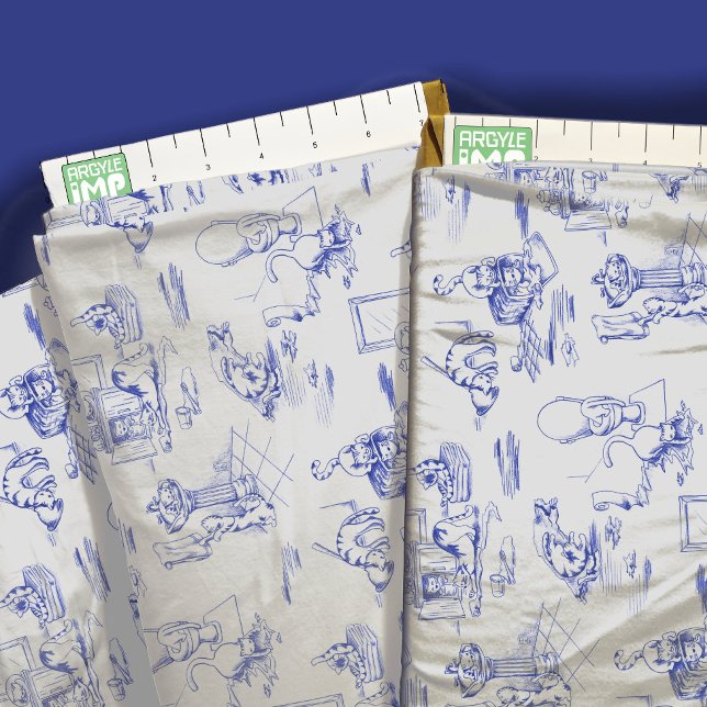Tela Blue Willow Kitty Cat Bathroom Toile (close-up with ruler)