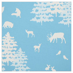 Tela Blue Winter Woodland Animals Deer Fox Bear