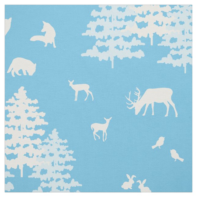 Tela Blue Winter Woodland Animals Deer Fox Bear (Retal)