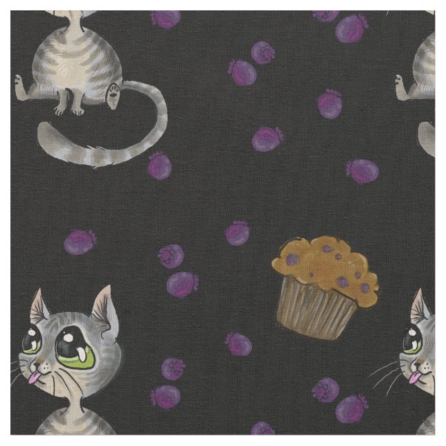 Tela Blueberry Muffin Bloop Kitty Pattern Tejido oscuro (De cerca)