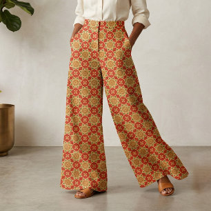 Tela Boho Cálido Rojo Naranja Amarillo Floral Geométric