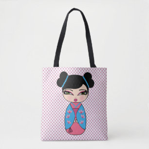 Tela Bolso azul tote de muñeca Kokeshi