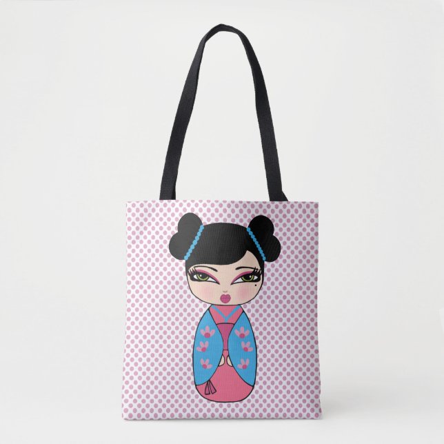 Tela Bolso azul tote de muñeca Kokeshi (Anverso)