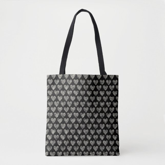 Tela Bolso Chic Negro y Blanco con Patrón de Corazón (Anverso)