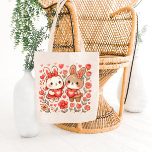 Tela Bolso de amor de pareja de conejos lindos
