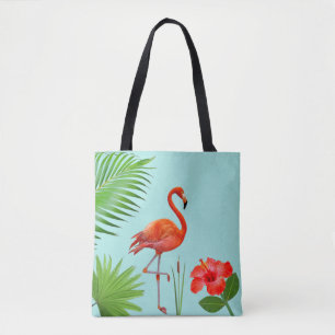 Tela Bolso de Flamingo Rojo, Hibisco y Hojas de Palma T