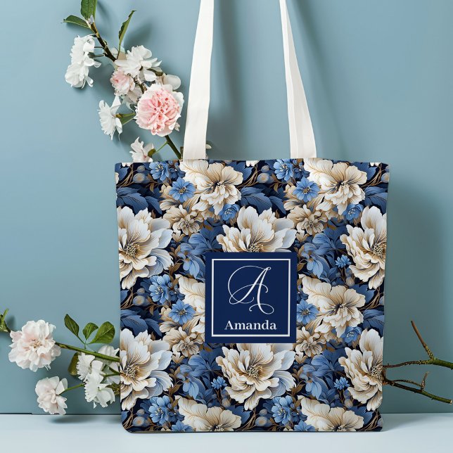 Tela Bolso de mano clásico de flores blancas azules con (Classic Blue White Flowers Custom Name Tote Bag)