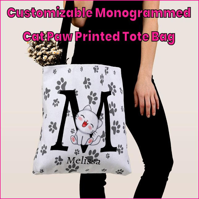 Tela Bolso de mano con estampado de pata de gato monogr (Subido por el creador)