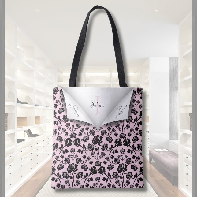 Tela Bolso de mano con monograma de nombre de rosa rosa (Elegant Pink and Black Rose Monogram Name Tote Bag)