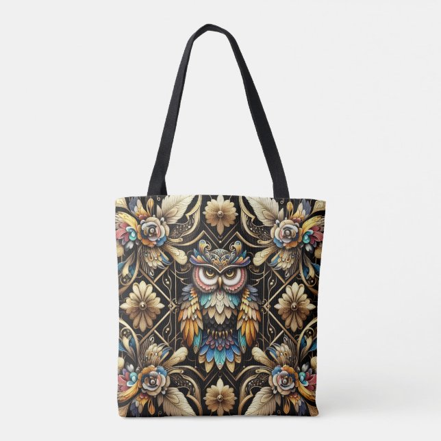 Tela Bolso de mano de búhos arcoíris Art Deco (Reverso)