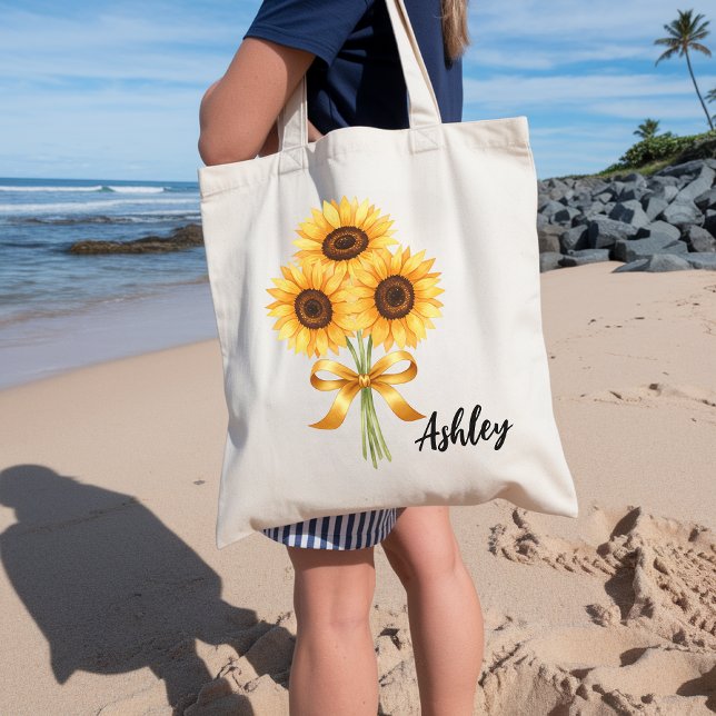 Tela Bolso de mano de girasol personalizado para mujere (sunflower tote bag, custom name gift, bridesmaid tote bag, floral tote, botanical tote bag,)