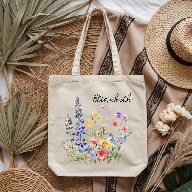 Tela Bolso de mano de regalo con flores silvestres en a (Personalized watercolor wildflower tote bag gift for her, Custom floral tote bag for mom or grandma )