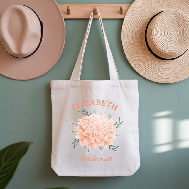 Tela Bolso de mano floral de coral personalizado para l (bridal party tote, coral bridesmaid gift, floral wedding bag, custom bridal tote, bachelorette tote,)