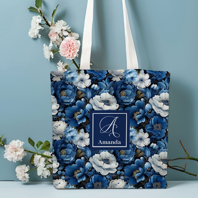 Tela Bolso de mano floral personalizado de flores azule (Modern Blue Flowers Personalized Floral Tote Bag)