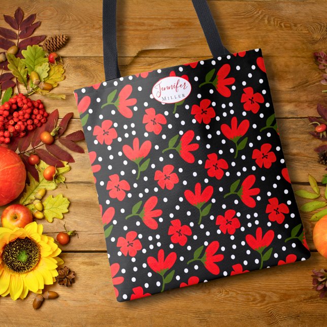 Tela Bolso de mano floral personalizado – Regalo para e (Personalized Red Floral Tote Bag)