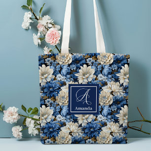 Tela Bolso de mano Glam Blue Ivory Flowers con nombre p