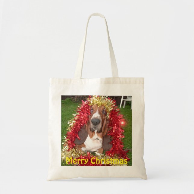Tela Bolso De Mano Merry Christmas Basset Hound En Garl (Frente)