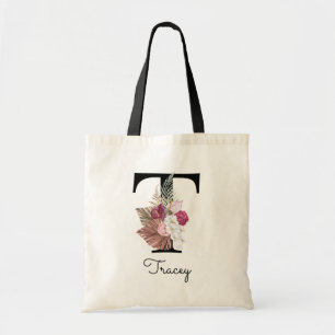 Tela Bolso de mano Monograma Rosa Boho Floral Inicial T