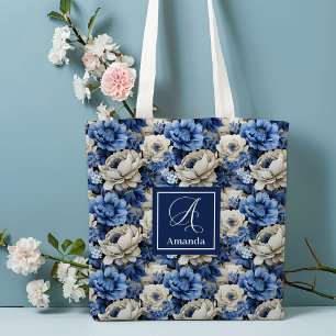 Tela Bolso de mano personalizado de flores de marfil az