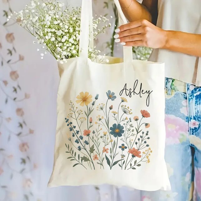 Tela Bolso de mano personalizado de flores silvestres p (wildflowers tote bag, personalized tote bag, floral tote bag, bridesmaid proposal gift, teacher gift)