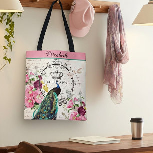 Tela Bolso de mano personalizado de pavo real y flores 