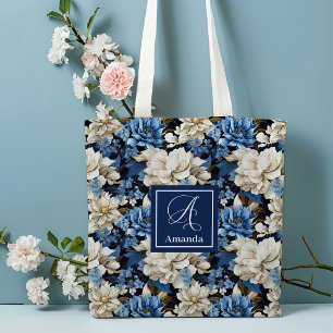 Tela Bolso de mano personalizado Flores de marfil azule