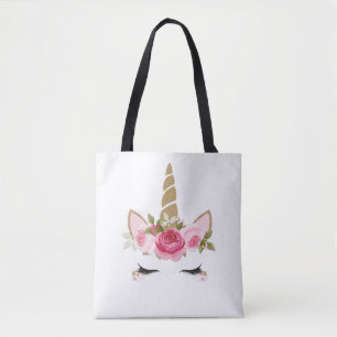 Tela Bolso de mano Unicornio Dorado Flores Rosadas Lind