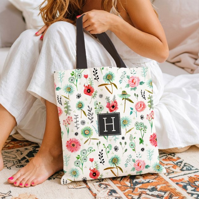 Tela Bolso de mercado monograma de patrón de flores sil (Wildflower Pattern Monogram Botanical Market Tote Bag)