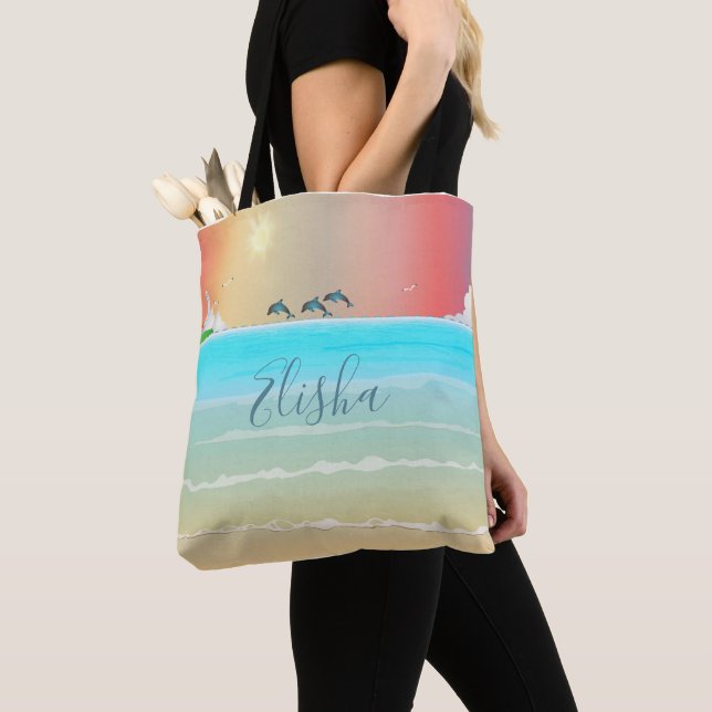 Tela Bolso de playa con faro y delfines (Detalle)