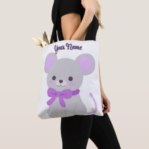 Tela Bolso de ratón sentado con lazo morado Kawaii pers