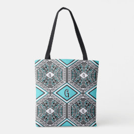 Tela Bolso de tapiz tribal turquesa, blanco y negro
