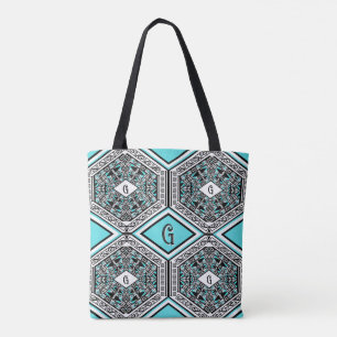 Tela Bolso de tapiz tribal turquesa, blanco y negro